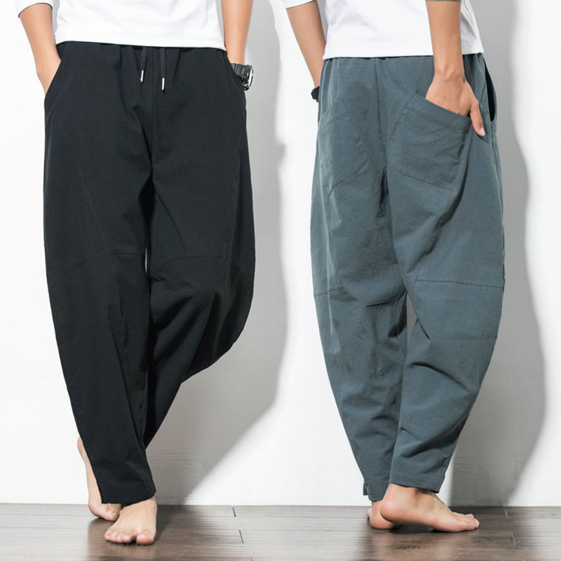 Cotton Linen Ankle-length Pants Men's Summer Tang Pants Chinese Style Straight Leg Pants Casual Linen Breathable Wide Leg Pants