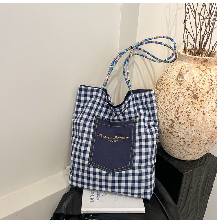 Bolso de lona a cuadros de doble cara estadounidense bolso de desplazamiento femenino bolso especial retro bolso de mano de color de choque de primavera nuevo bolso padre - hijo