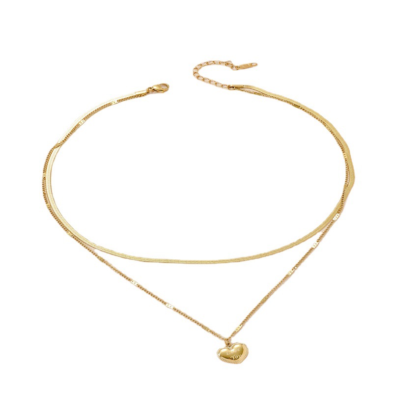 Collar doble de corazón chapado en oro con dije letra love you_voghion.com