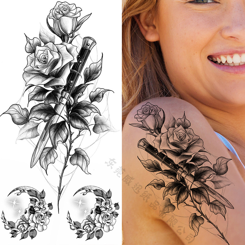 Cross-border dedicado Sketch flor tatuaje pegatinas boceto tatuaje pegatinas Rosa flor blanco y negro tatuaje de la flor