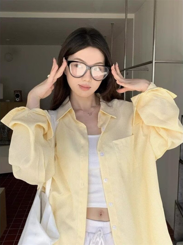 慵懒风条纹翻领长袖衬衫女韩系设计感休闲宽松衬衣春秋开衫防晒衣|undefined