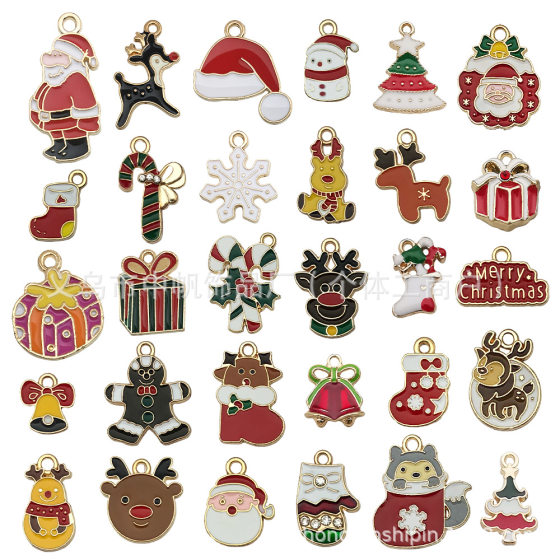 Mix 30 Christmas Drip Oil DIY Jewelry Accessories Santa Claus Snowman Bell Elk Bracelet Pendant Keychain