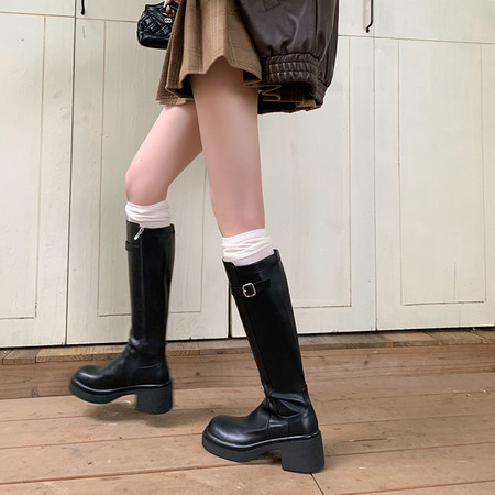 Instantly captivating! Slimming effect on legs~ Genuine leather thick-soled black riding boots for petite women, long boots with high heels Instantly captivating! Slimming effect on legs~ Genuine leather thick-soled black riding boots for petite women, long boots with high heels