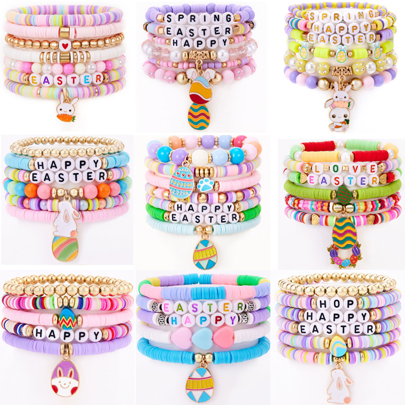 Amazon Cross-Border Best-Selling Easter Egg Pendant Bracelet Set Macaron Color Acrylic Easter Rabbit Bracelet