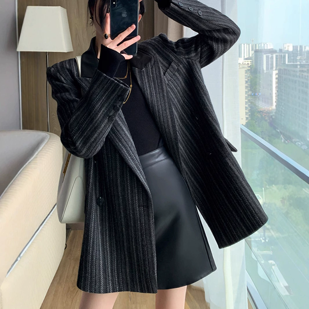 Осенний и зимний большой размер женский шерстяной ватный пиджак женский корейский жирный mm200 кг полосатый утолщение костюм AA070