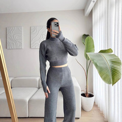 欧美女跨境外贸时尚2025秋季新款半高领长袖修身百搭针织毛衣套装