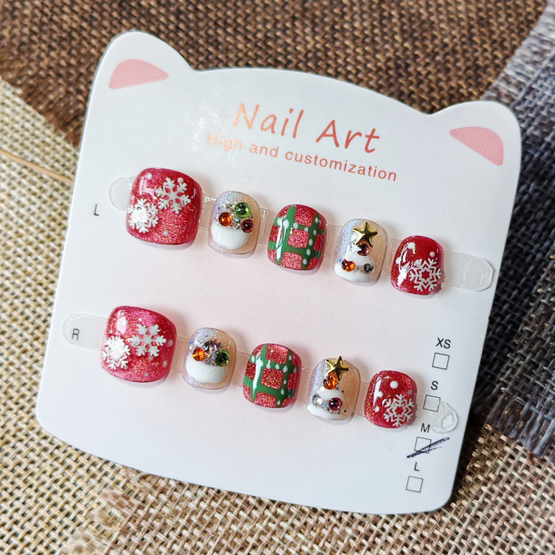 Red Cat Eye Snowflake Sparkling Diamond Kidsren's Handmade Wearable Nails for Kidsren Aged 3-6-12 Years Old Anti-Biting Nail Stickers for Whitening Nails