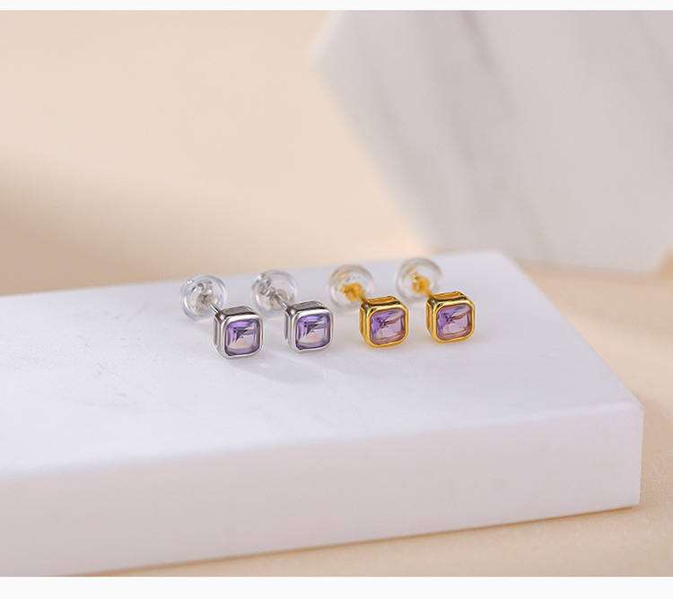 Bông tai bạc S925 mạ vàng đính đá thạch anh tím mặt cắt vuông — Kiểu citrine màu vàng chi tiết 4