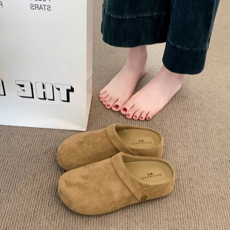 复古绒面百搭女生包头拖鞋秋季时尚简约休闲半拖鞋厚底增高勃肯鞋|undefined