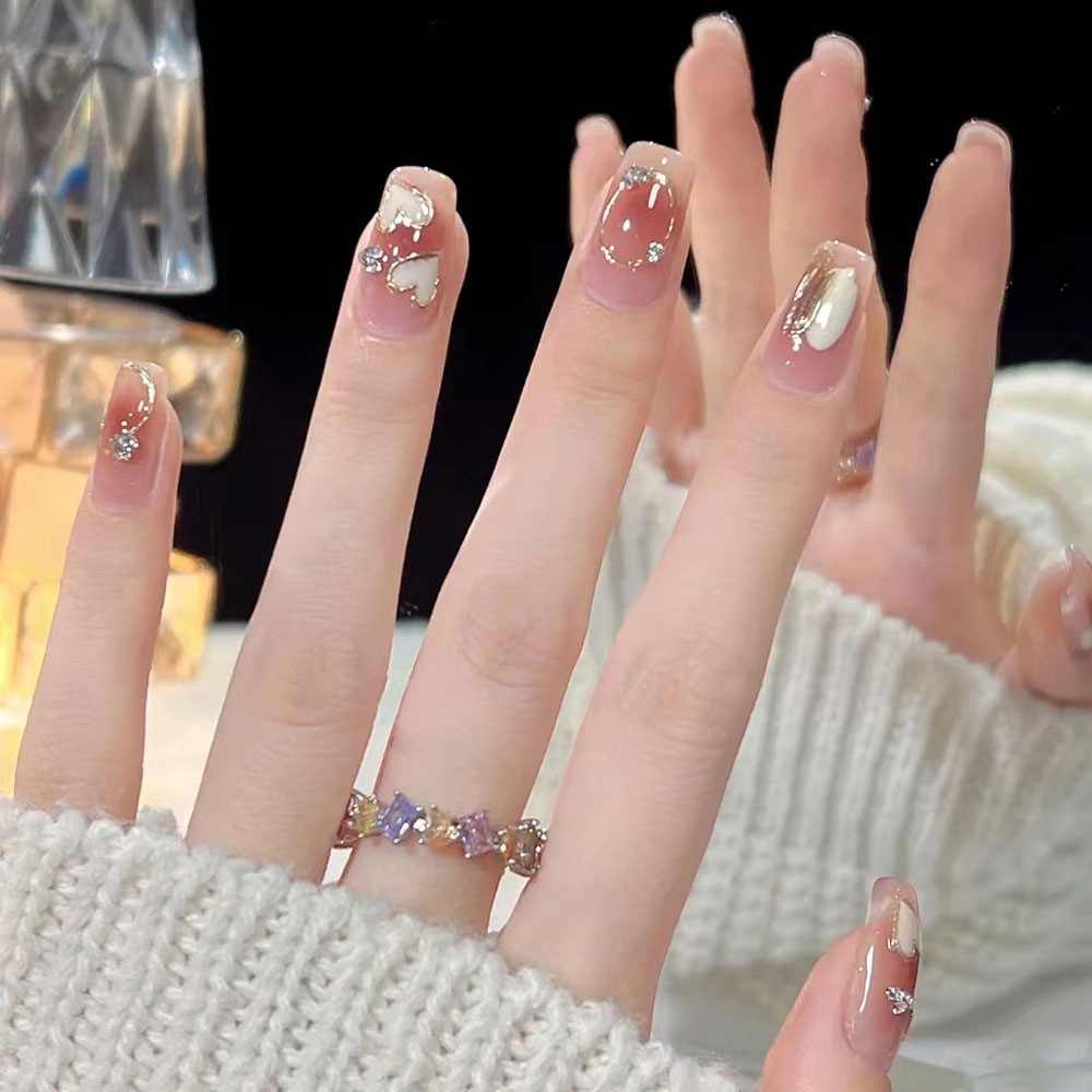 Venta caliente transfronteriza amor rubor con incrustaciones de diamantes manicura 24 piezas parche de uñas terminado armadura de vestir suave y linda de moda image 1