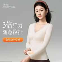 免穿内衣蕾丝v领保暖加厚打底衫上衣女士带胸罩垫修身显瘦内搭外