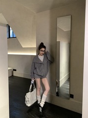 韩系慵懒灰色立领卫衣外套女秋季宽松拉链开衫chic高级感翻领上衣