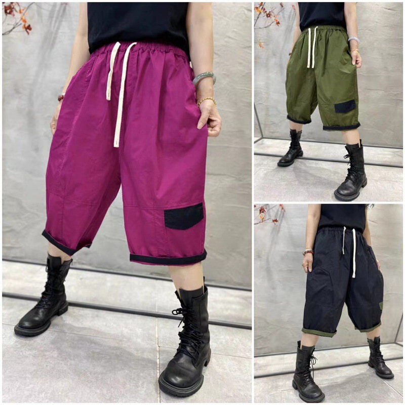 Korean and Japanese Foreign Trade 2025 Summer New Korean Fashion Loose Color-Blocking Patchwork Casual Large Pocket Cropped Harem Pants for Women