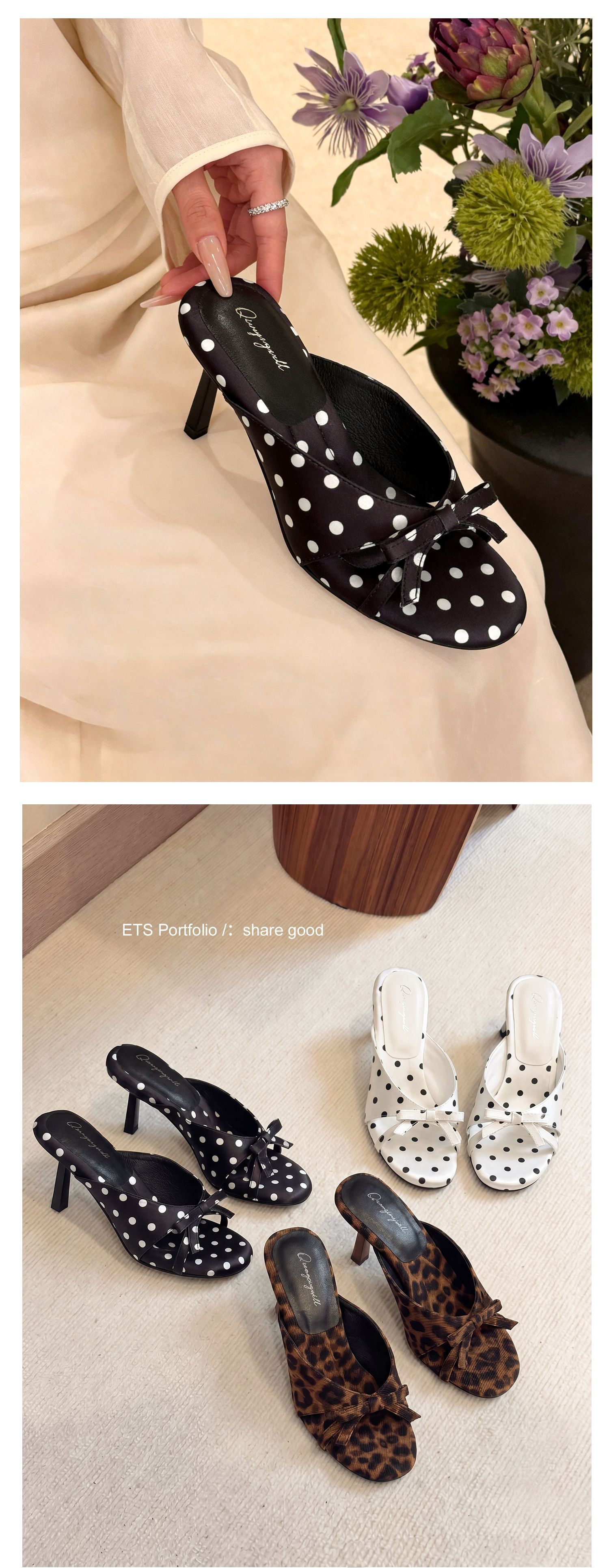 Sandal cao gót nữ hở mũi phong cách Pháp, chất liệu satin họa tiết chấm bi/chấm sóng, gót nhọn 9 cm — Điểm sóng đen, Trang chủ, Điểm sóng trắng chi tiết 17