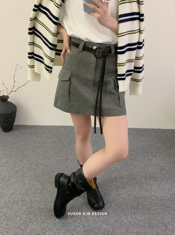 苏珊 韩版双口袋工装a字短裙女2025早秋高腰遮胯显瘦半身裙25075|undefined