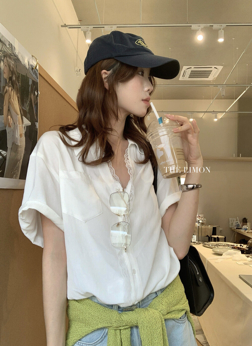Áo sơ mi tay ngắn nữ phối ren viền cổ, dáng rộng mùa xuân hè — màu trắng, Xanh da trờicolor chi tiết 10