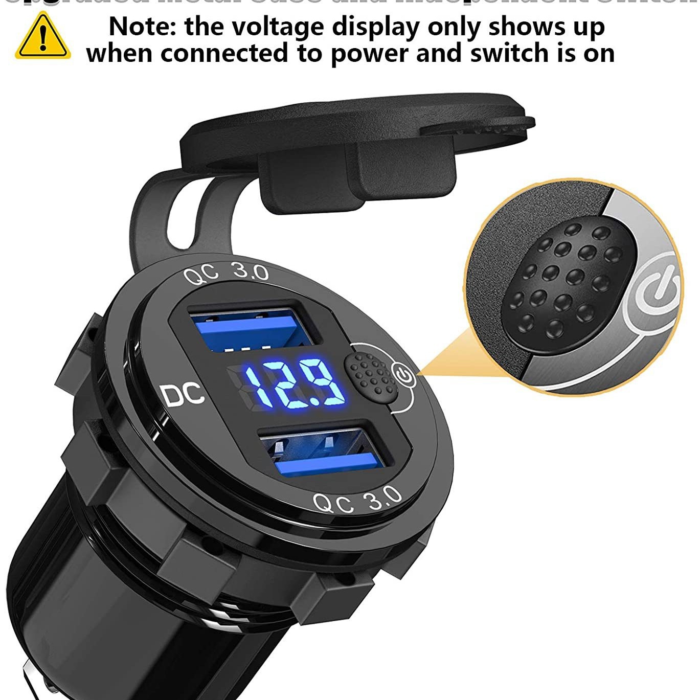 Nuevo coche RV coche modificado aleación de aluminio doble QC3.0 botón electrónico pantalla digital voltímetro Qualcomm carga rápida