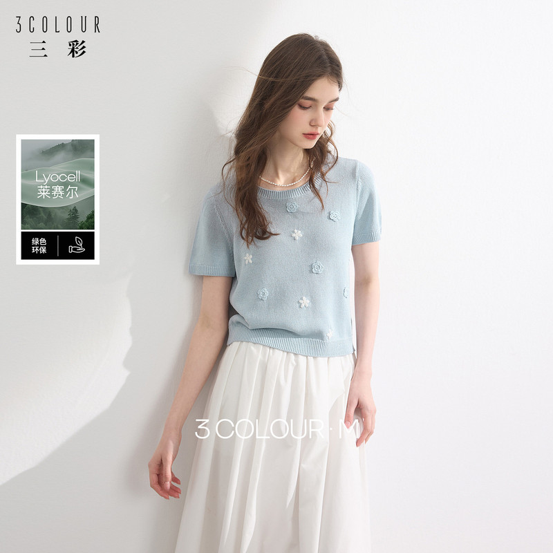【Lyocell】Sancai 2026 Summer New Floral Knit Short-Sleeve Regular Shoulder Sweater T-Shirt Short Top for Women m