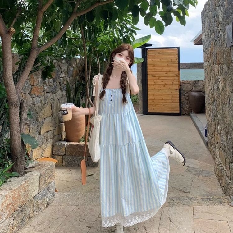 韓国系の青いストライプのストラップ付きのワンピース女性夏の海辺の休暇のロングスカートの袖なしのゆったりしたa字のスカート|undefined