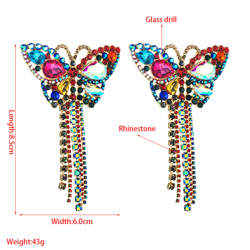 Mode Tempérament Exagéré Bal Long Papillon Gland Alliage Incrusté Couleur Strass Brillant Boucles D&#39;oreilles display picture 1