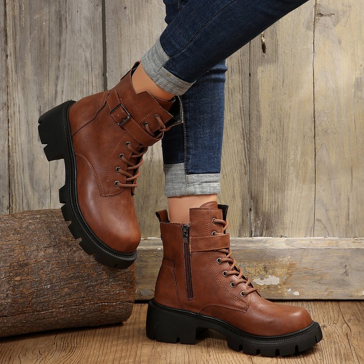 New autumn winter British style motorcycle boots thick soled belt buckle vintage ankle boots plus size_voghion.com