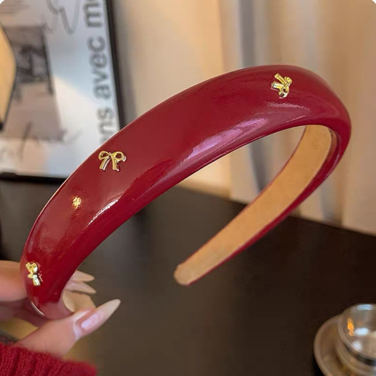 # 178 red leather multi-bow wide-brimmed headband