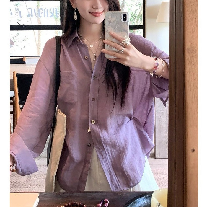 Ramie Tencel Lyocell Lightweight Slightly See-Through Shirt Women's Summer Relaxed Loose Casual Purple Shirt
