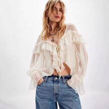 欧美高端雪纺衫新款法式设计感木耳边性感宽松领纯色系带小众上衣