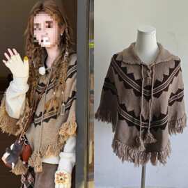 长期现货2026春明星白鹿同款波西米亚风撞色斗篷针织衫女流苏外套