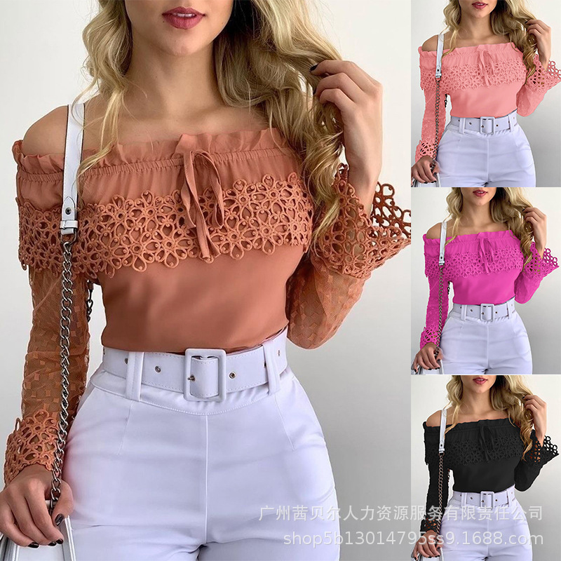 New European and American Women's Pink Off-shoulder Hollow Lace Top LZQ6155/P1LZQ6155