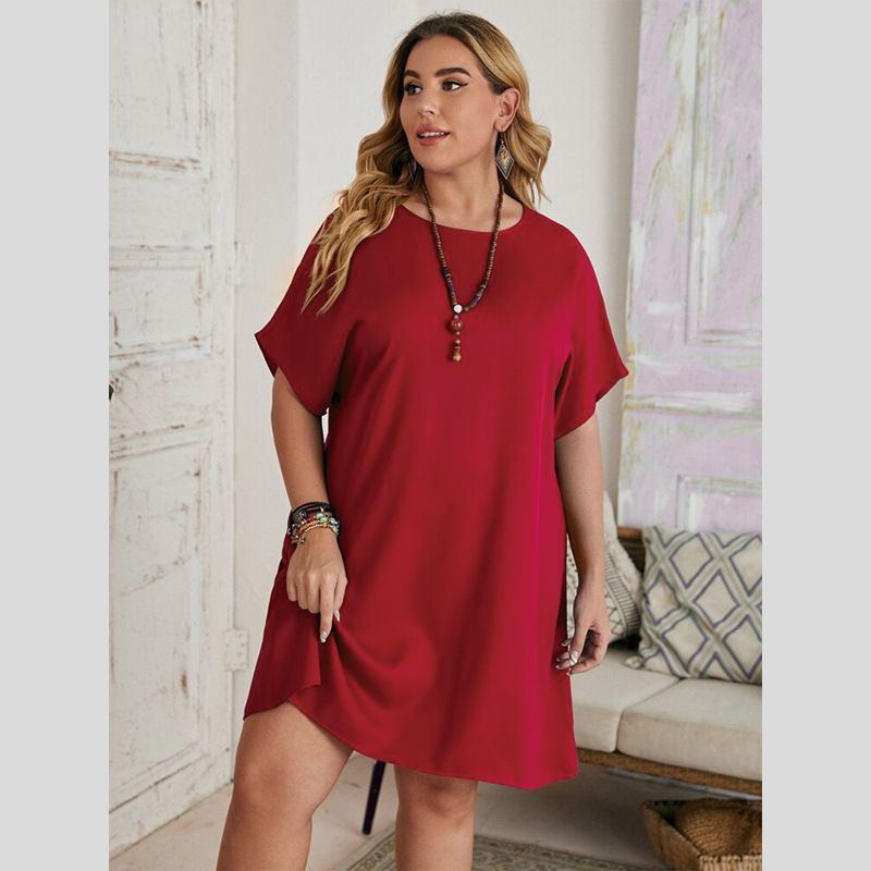 2022 europeo y americano transfronterizo Amazon estación independiente más tamaño ropa de mujer nuevo color sólido cuchara collar Batwing manga vestido image 3