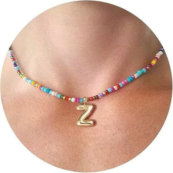 Colorful Seed Bead Letter Pendant Necklace, European and American Style Rainbow Beaded Collarbone Chain, 18K Gold-Plated Personalized Neck Jewelry