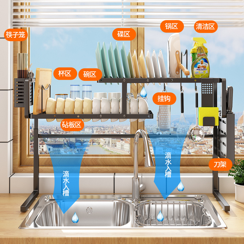 Retractable stainless steel kitchen sink with overhead shelf, bowl and dish drying rack, multi-functional adjustable bowl and utensil storage rack