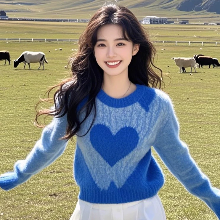 2024 Ранний осенний новый корейский меларанский синий носить с круглым вырезом синий любовный свитер вязаный свитер женский ленивый топ
