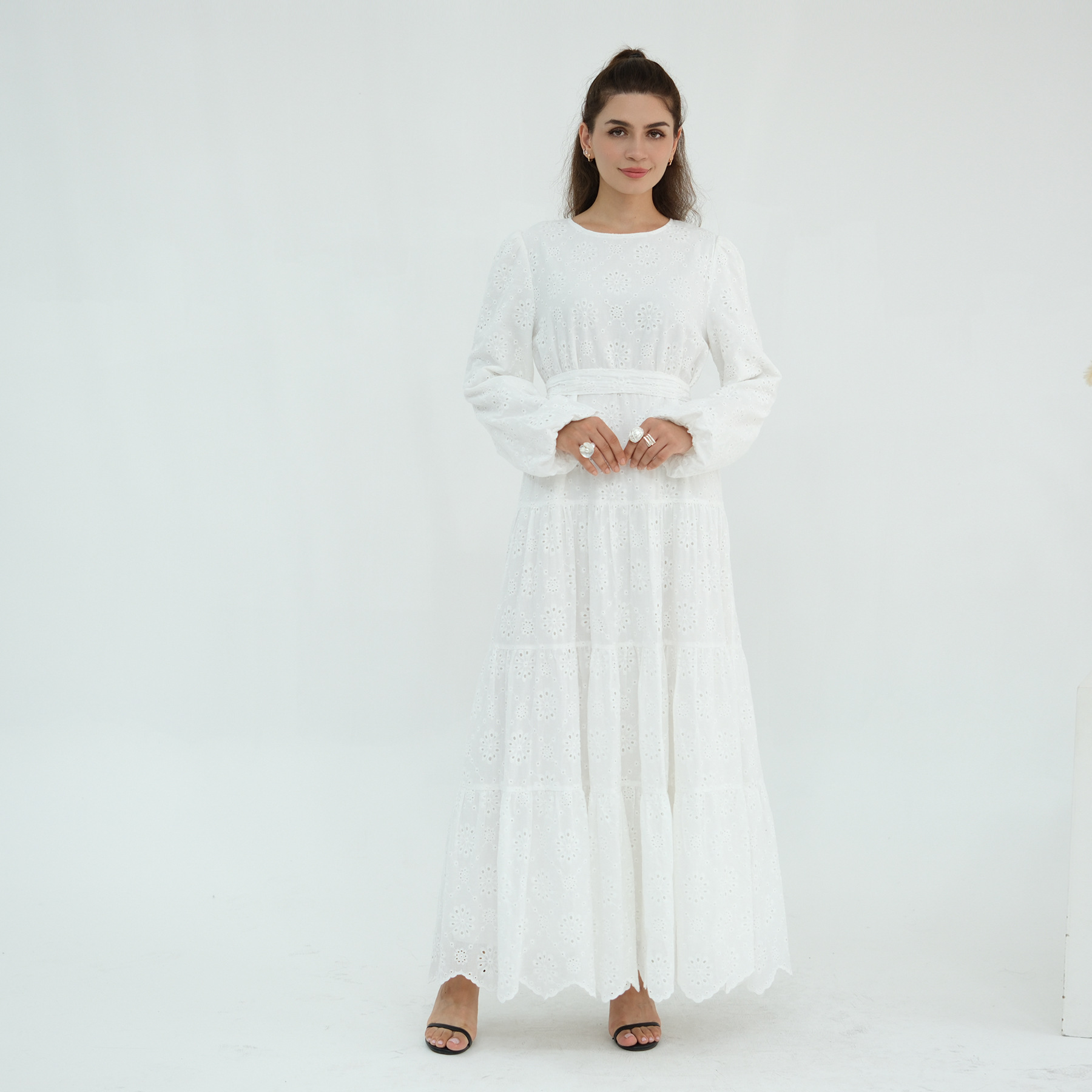 Voya Women's Eyelet Embroidered Maxi Dress-Long Sleeve Tiered Beach Dress With Scallop Hem-Boho Casual Summer Dress, For Holiday, Wedding Guest & Daily_ecoleips.com