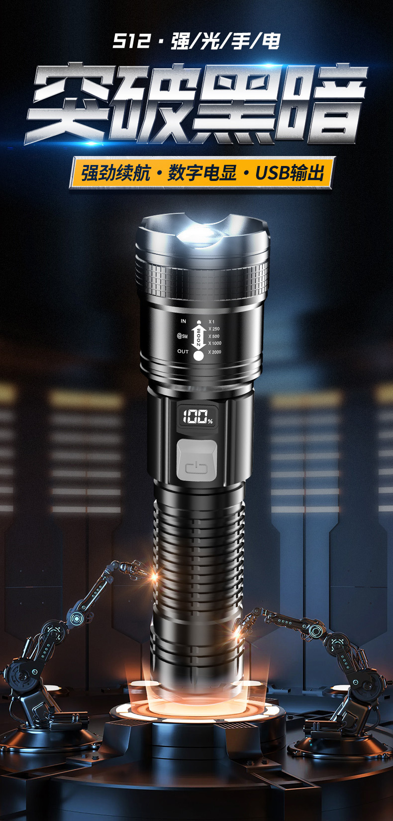 Flashlight Strong Light Charging Long Battery Life Home Outdoor Fall-Resistant Zoom Spotlight Portable Ultra-Bright Xenon Lighting