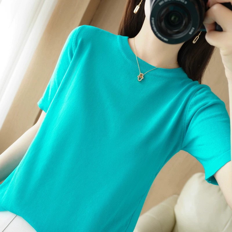 Летняя новая стильная простая футболка с круглым вырезом из ледяного шелка с коротким рукавом, Женская свободная внутренняя одежда для похудения, внешняя вязаная рубашка, топ с короткими рукавами