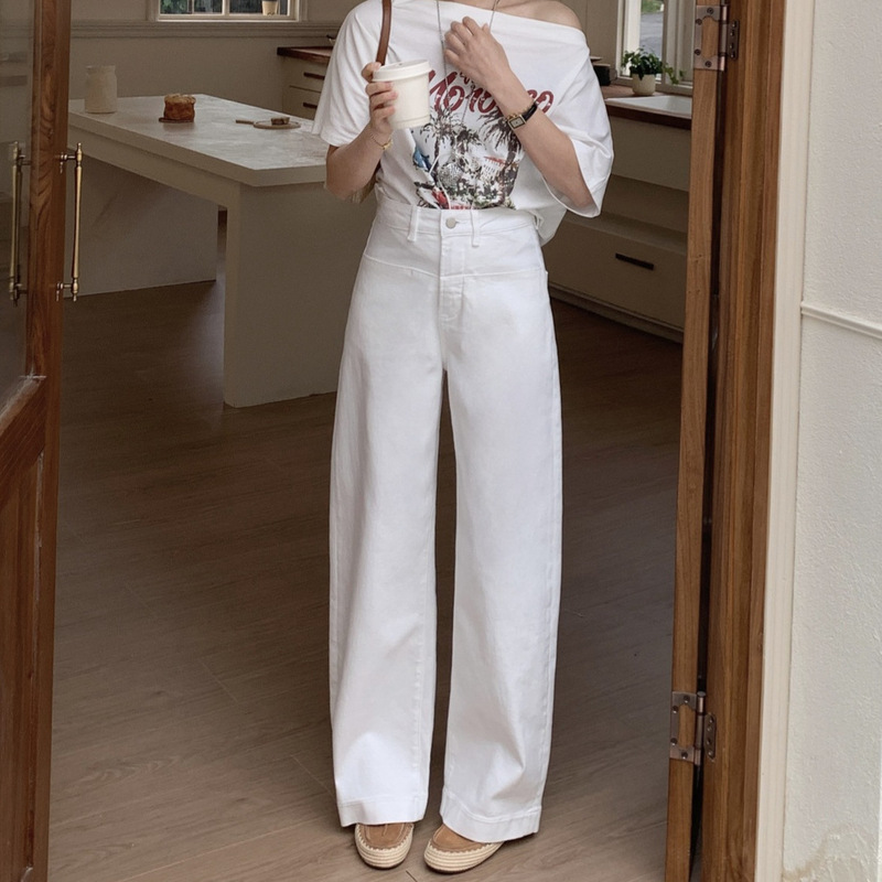 26 Spring New Collection: Women's Casual White Denim Straight Loose Fit Curved Cut Long Pants Banana Pants