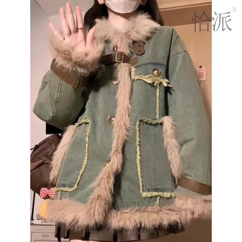 美式复古羊羔毛拼接牛仔外套女冬季高级感宽松oversize棉衣棉服潮