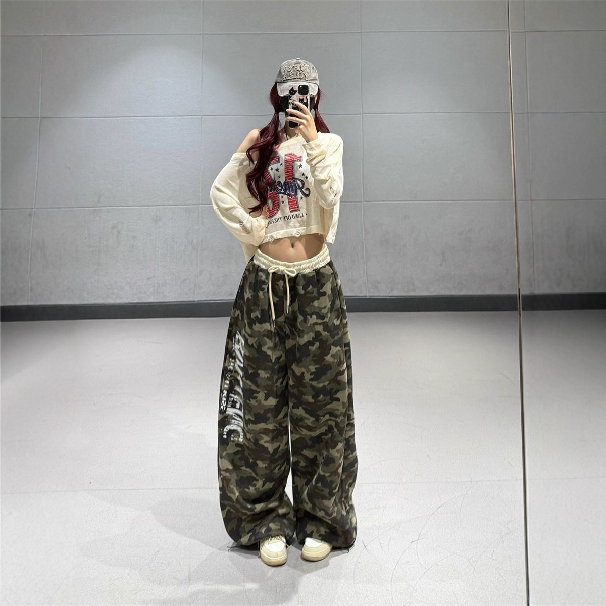 美式街头迷彩字母印花卫裤男女秋季新款潮牌抽绳宽松阔腿裤运动裤