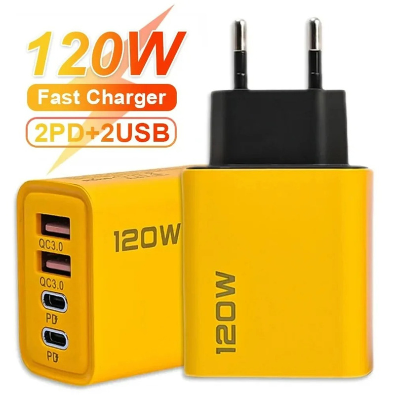 120W Super Fast Charge Multi-port Mobile Phone Charger Dual TYPE-C Dual USB US and European Adapter Charger