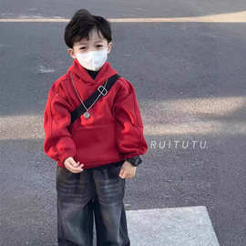 男童红色卫衣外套2025秋冬季新款儿童宽松洋气加绒字母连帽拉链衫