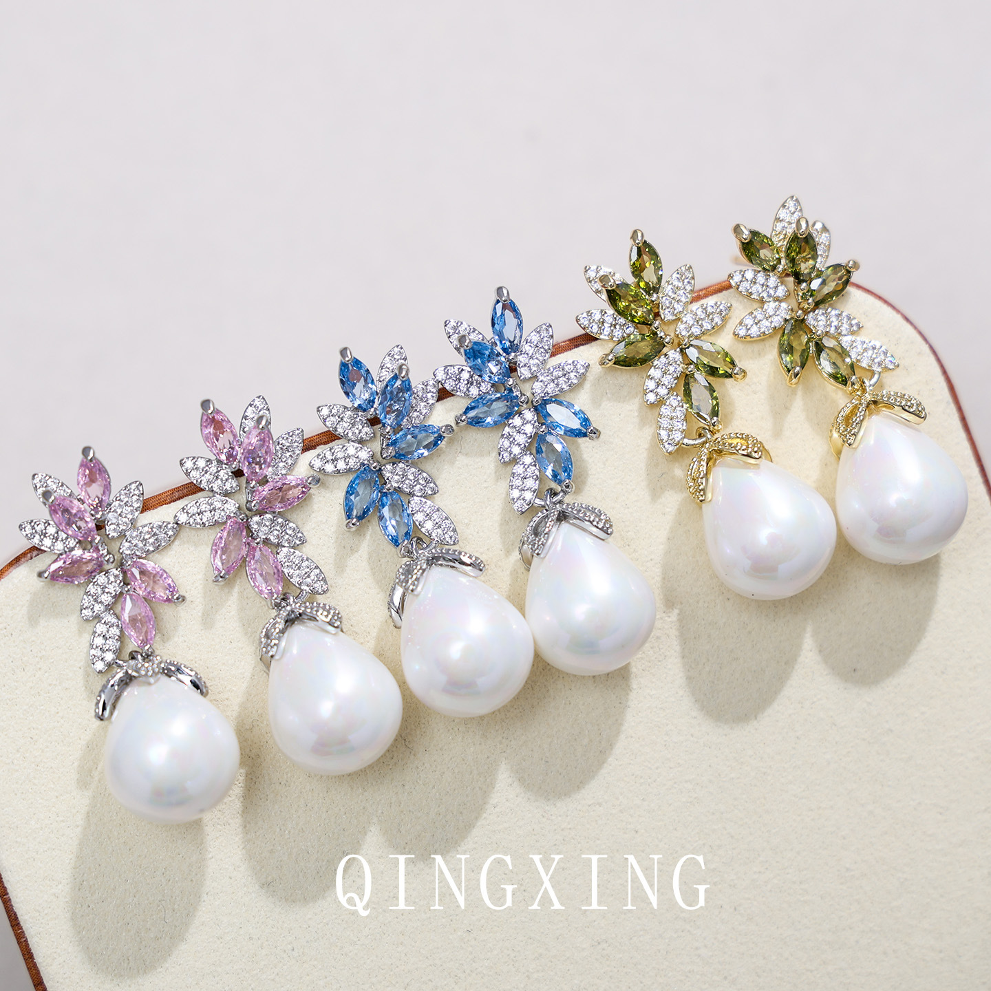 High-End Cross-Border Creative Light Blue Spinel Zircon Flower Pearl Earrings Bridal Dinner Dress Ear Clip Earrings for Women