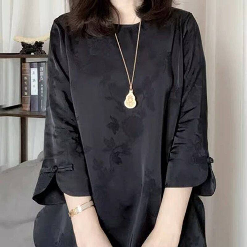 Spring and Summer New Fashion Style Loose-Fitting Slimming Chinese-Style Jacquard Three-Quarter Sleeve Blouse for Women Spring and Summer New Fashion Style Loose-Fitting Slimming Chinese-Style Jacquard Three-Quarter Sleeve Blouse for Women