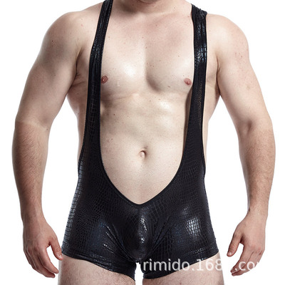 PINKYSENSON佩茜男士内裤仿皮蛇皮纹吊带连体裤U凸平角裤四角裤