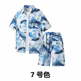 夏新款花色印花衬衫套装大码多色宽松短裤套装沙滩休闲时尚潮男女