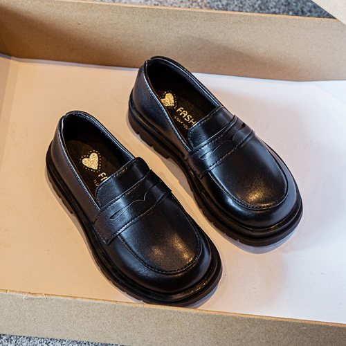 Children's Leather Shoes 2024 Spring and Autumn New Boys' Retro Black Shoes British Style Girls' Soft Soled Peas Shoes for Middle Children