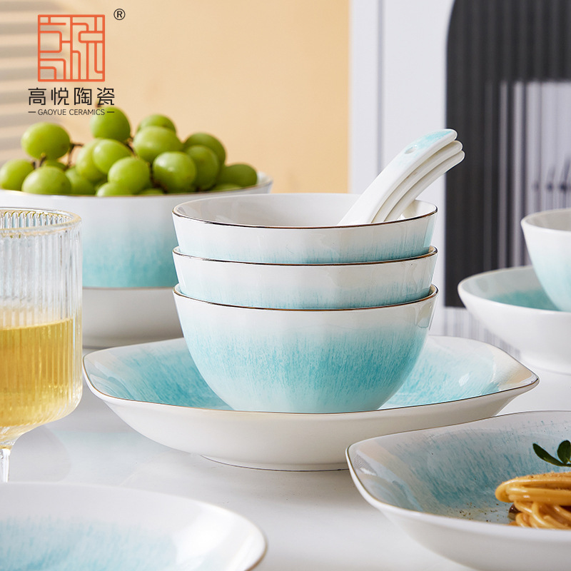Gao Yue Ceramic Underglaze Color Bowl Plate Dish Household Fashionable Beautiful Dining Bowl Light Luxury National Style Tableware