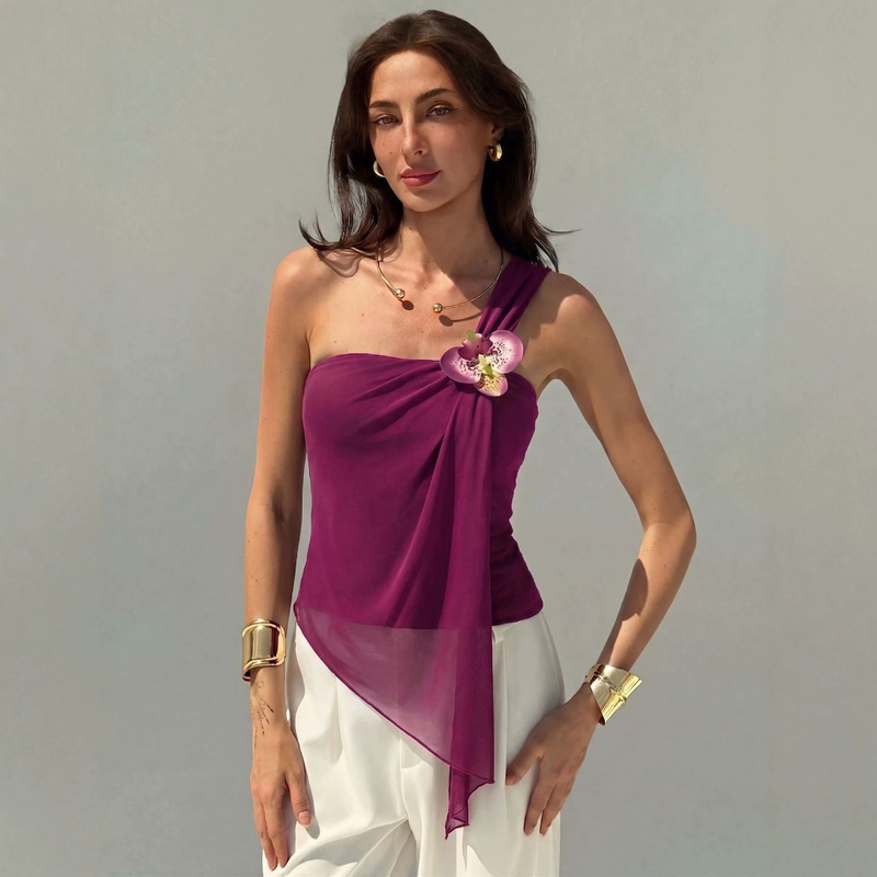 European and American Cross-Border Amazon 2026 New Style Mesh Asymmetrical Shoulder 3D Floral Embellished Vest Top for Women