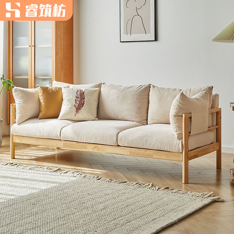Japanese-Style Fabric Solid Wood Sofa for Small Living Rooms, Simple Modern Rental House Direct Payment, Popular Three-Seater Sofa